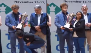 शतरंज खिलाड़ी ब्रिस्टी मुखर्जी ने छुए ग्रैंडमास्टर कार्लसन के पैर, Magnus Carlsen ने दी दिल जीतने वाली प्रतिक्रिया- Video